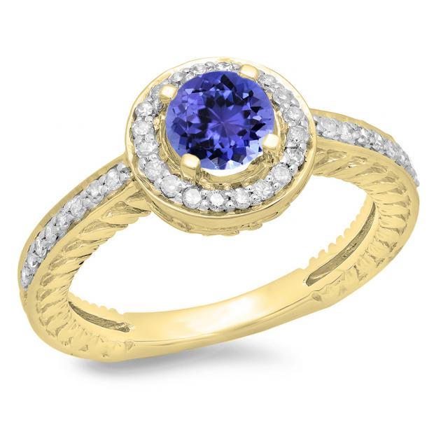 1.00 Carat (ctw) 14K Yellow Gold Round Cut Tanzanite & White Diamond Ladies Bridal Vintage Halo Style Engagement Ring 1 CT