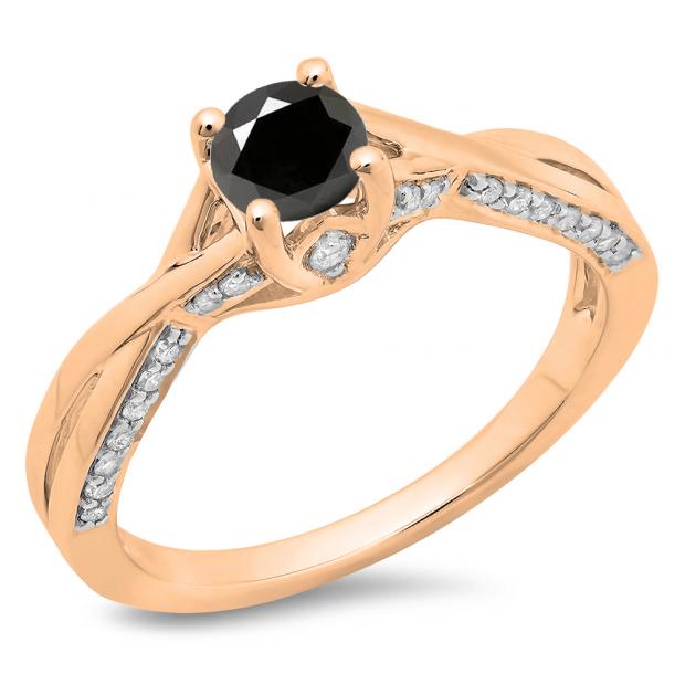 0.75 Carat (ctw) 10K Rose Gold Round Cut Black & White Diamond Ladies Solitaire With Accents Bridal Twisted Swirl Engagement Ring 3/4 CT