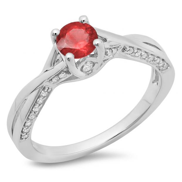 0.75 Carat (ctw) 14K White Gold Round Cut Ruby & White Diamond Ladies Solitaire With Accents Bridal Twisted Swirl Engagement Ring 3/4 CT