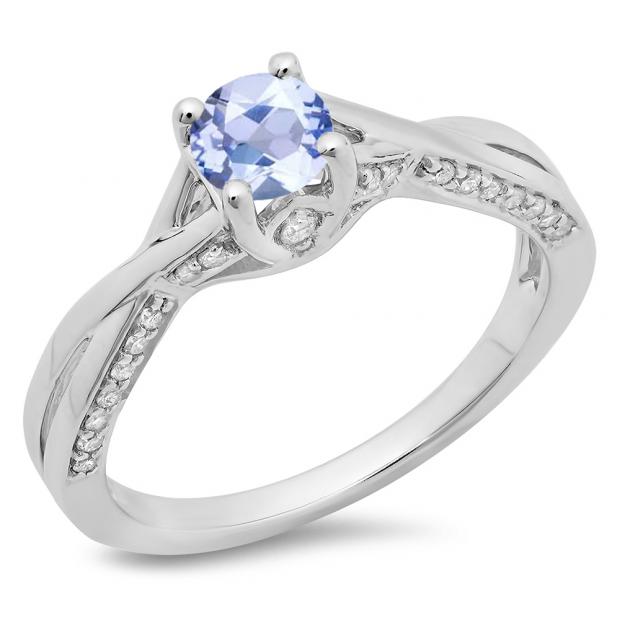 0.75 Carat (ctw) 10K White Gold Round Cut Tanzanite & White Diamond Ladies Solitaire With Accents Bridal Twisted Swirl Engagement Ring 3/4 CT