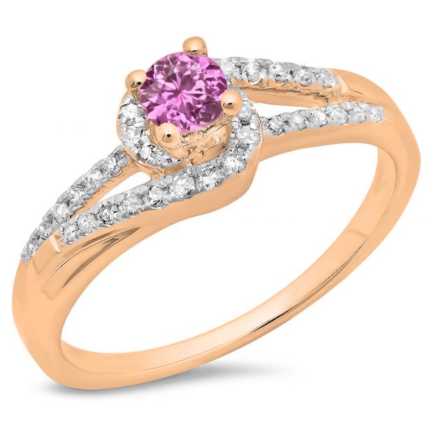 0.45 Carat (ctw) 10K Rose Gold Round Cut Pink Sapphire & White Diamond Ladies Twisted Split Shank Bridal Engagement Ring 1/2 CT