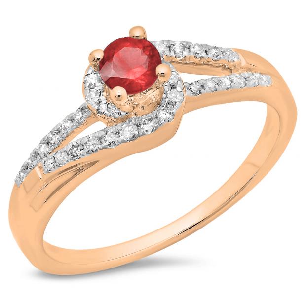 0.45 Carat (ctw) 18K Rose Gold Round Cut Ruby & White Diamond Ladies Twisted Split Shank Bridal Engagement Ring 1/2 CT
