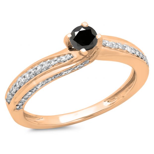 0.50 Carat (ctw) 14K Rose Gold Round Black & White Diamond Ladies Swirl Promise Solitaire With Accents Engagement Ring 1/2 CT