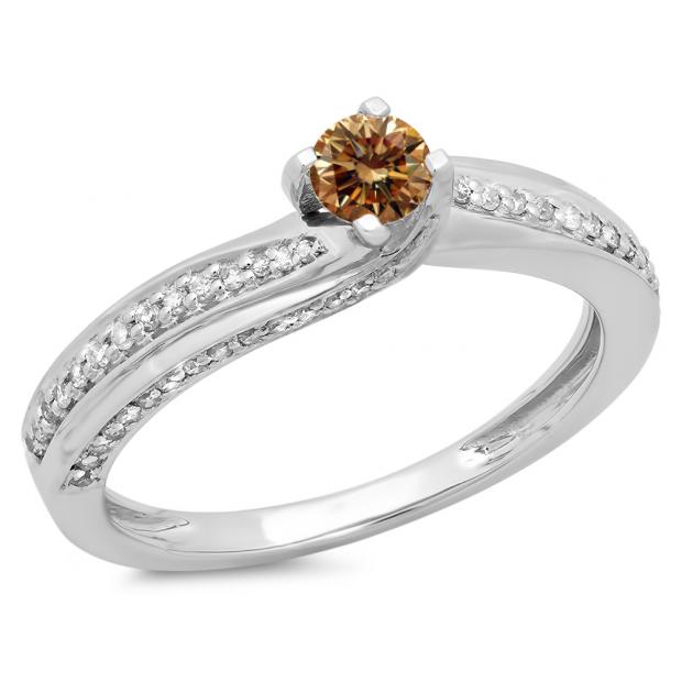 0.50 Carat (ctw) 18K White Gold Round Champagne & White Diamond Ladies Swirl Promise Solitaire With Accents Engagement Ring 1/2 CT