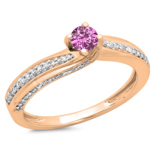 0.50 Carat (ctw) 10K Rose Gold Round Pink Sapphire & White Diamond Ladies Swirl Promise Solitaire With Accents Engagement Ring 1/2 CT