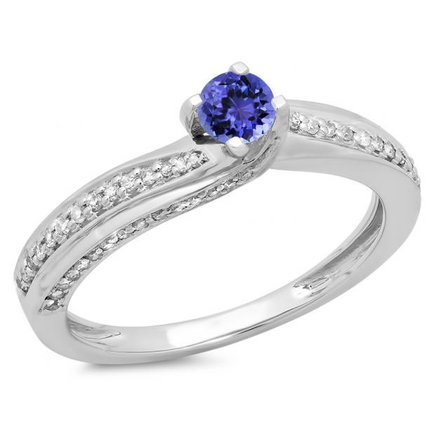 0.50 Carat (ctw) 10K White Gold Round Tanzanite & White Diamond Ladies Swirl Promise Solitaire With Accents Engagement Ring 1/2 CT