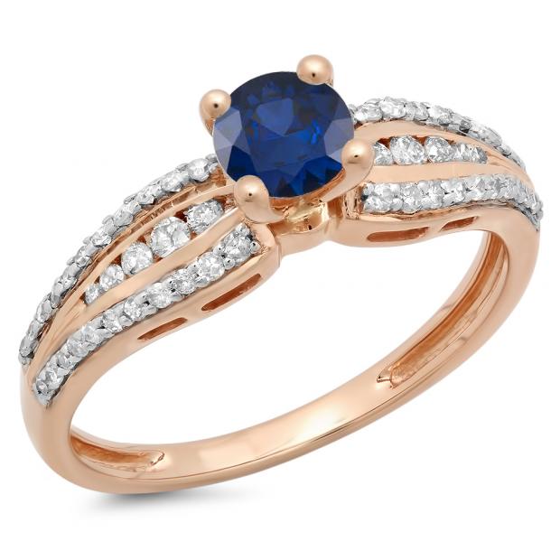 0.75 Carat (ctw) 14K Rose Gold Round Blue Sapphire & White Diamond Ladies Solitaire With Accents Bridal Engagement Ring 3/4 CT