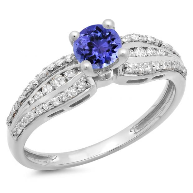 0.75 Carat (ctw) 10K White Gold Round Tanzanite & White Diamond Ladies Solitaire With Accents Bridal Engagement Ring 3/4 CT