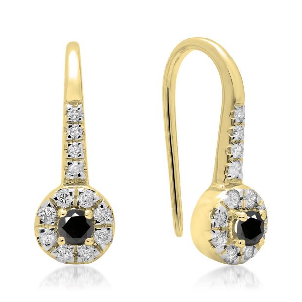 0.45 Carat (ctw) 14K Yellow Gold Round Black & White Diamond Ladies Halo Style Dangling Drop Earrings 1/2 CT