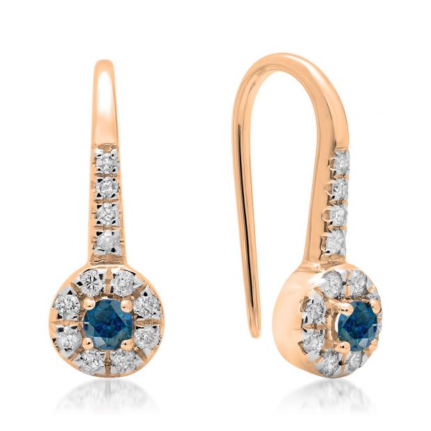0.45 Carat (ctw) 18K Rose Gold Round Blue & White Diamond Ladies Halo Style Dangling Drop Earrings 1/2 CT