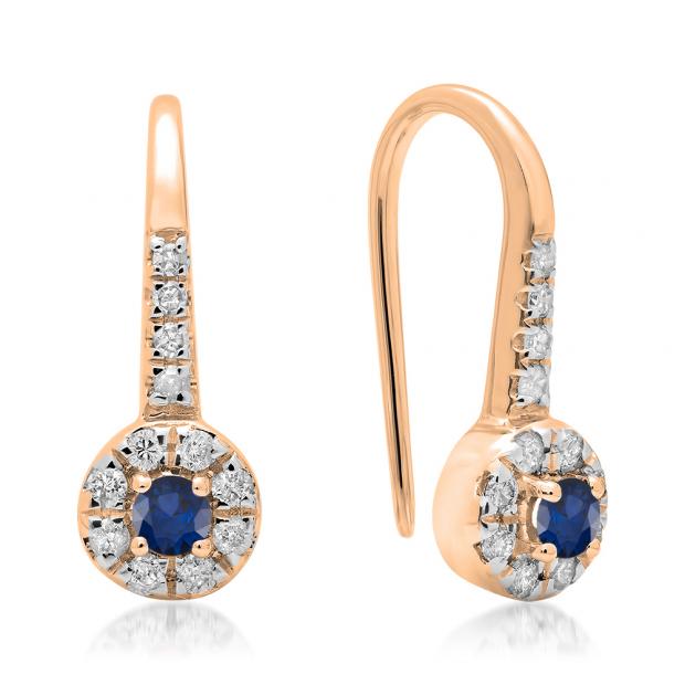0.45 Carat (ctw) 18K Rose Gold Round Blue Sapphire & White Diamond Ladies Halo Style Dangling Drop Earrings 1/2 CT