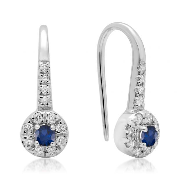 0.45 Carat (ctw) 18K White Gold Round Blue Sapphire & White Diamond Ladies Halo Style Dangling Drop Earrings 1/2 CT