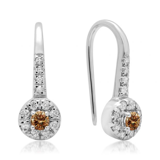 0.45 Carat (ctw) 10K White Gold Round Champagne & White Diamond Ladies Halo Style Dangling Drop Earrings 1/2 CT