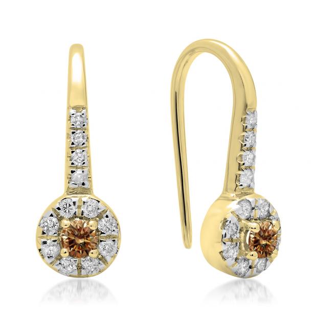 0.45 Carat (ctw) 10K Yellow Gold Round Champagne & White Diamond Ladies Halo Style Dangling Drop Earrings 1/2 CT