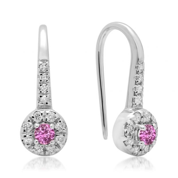 0.45 Carat (ctw) 18K White Gold Round Pink Sapphire & White Diamond Ladies Halo Style Dangling Drop Earrings 1/2 CT