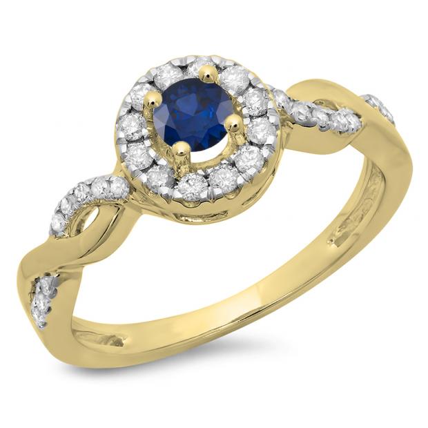 0.55 Carat (ctw) 14K Yellow Gold Round Cut Blue Sapphire & White Diamond Ladies Swirl Bridal Halo Engagement Ring 1/2 CT