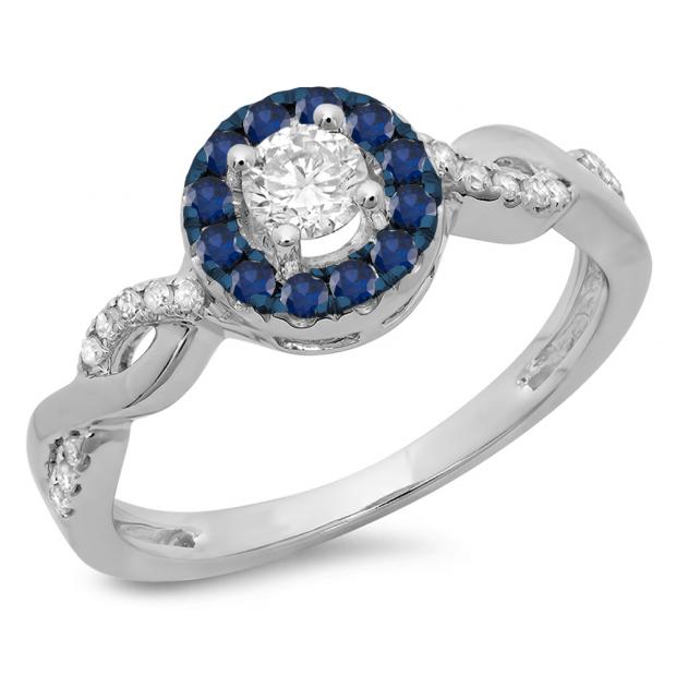0.55 Carat (ctw) 14K White Gold Round Cut Blue Sapphire & White Diamond Ladies Swirl Bridal Halo Engagement Ring 1/2 CT