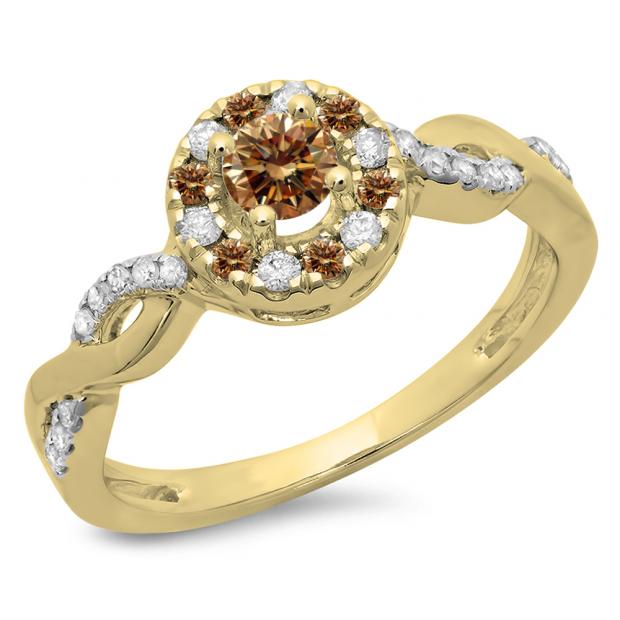 0.55 Carat (ctw) 18K Yellow Gold Round Cut Champagne & White Diamond Ladies Swirl Bridal Halo Engagement Ring 1/2 CT