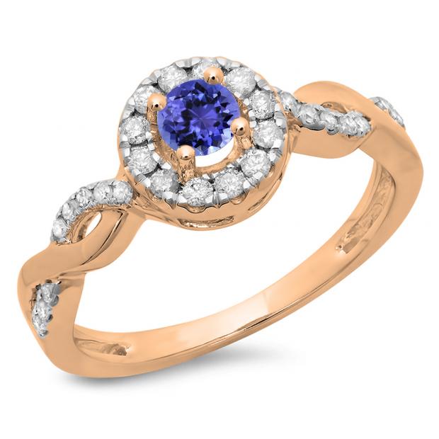 0.55 Carat (ctw) 10K Rose Gold Round Cut Tanzanite & White Diamond Ladies Swirl Bridal Halo Engagement Ring 1/2 CT