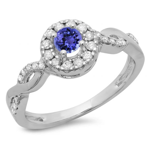 0.55 Carat (ctw) 14K White Gold Round Cut Tanzanite & White Diamond Ladies Swirl Bridal Halo Engagement Ring 1/2 CT