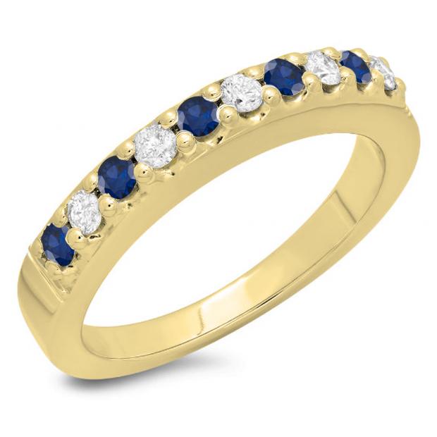 0.45 Carat (ctw) 14K Yellow Gold Round Cut Blue Sapphire & White Diamond Ladies Anniversary Wedding Band Stackable Ring 1/2 CT