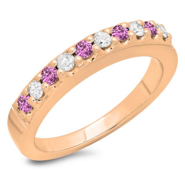 0.45 Carat (ctw) 10K Rose Gold Round Cut Pink Sapphire & White Diamond Ladies Anniversary Wedding Band Stackable Ring 1/2 CT