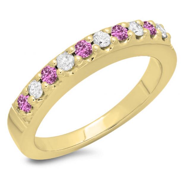 0.45 Carat (ctw) 10K Yellow Gold Round Cut Pink Sapphire & White Diamond Ladies Anniversary Wedding Band Stackable Ring 1/2 CT