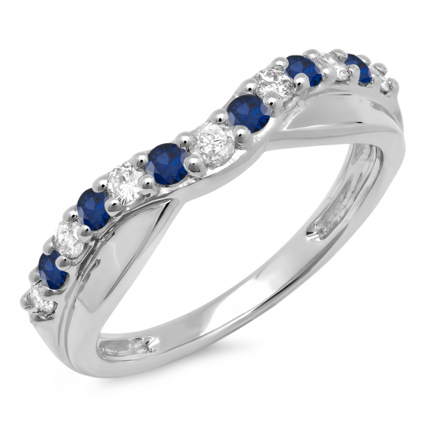 0.55 Carat (ctw) 10K White Gold Round Cut Blue Sapphire & White Diamond Ladies Anniversary Wedding Guard Contour Band 1/2 CT