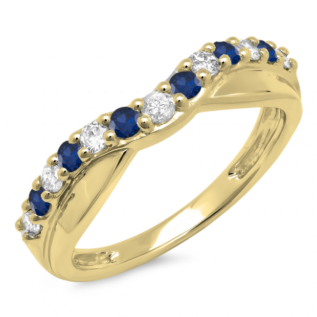 0.55 Carat (ctw) 10K Yellow Gold Round Cut Blue Sapphire & White Diamond Ladies Anniversary Wedding Guard Contour Band 1/2 CT