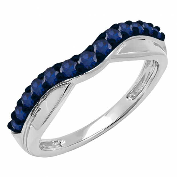 0.55 Carat (ctw) 10K White Gold Round Cut Blue Sapphire Ladies Anniversary Wedding Guard Contour Band 1/2 CT