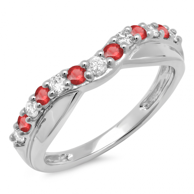 0.55 Carat (ctw) 10K White Gold Round Cut Ruby & White Diamond Ladies Anniversary Wedding Guard Contour Band 1/2 CT