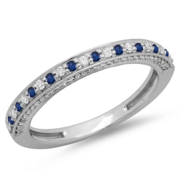 0.40 Carat (ctw) 14K White Gold Round Cut Blue Sapphire & White Diamond Ladies Anniversary Wedding Band Stackable Ring