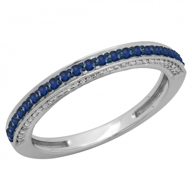 0.40 Carat (ctw) 10K White Gold Round Cut Blue Sapphire & White Diamond Ladies Anniversary Wedding Band Stackable Ring