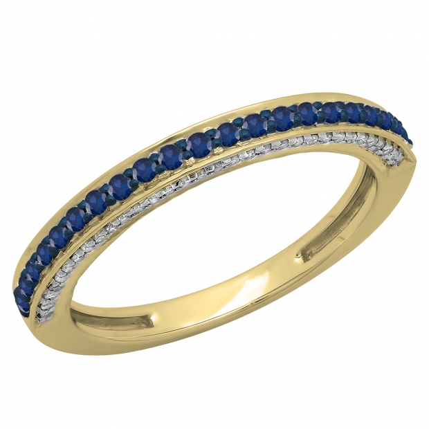 0.40 Carat (ctw) 10K Yellow Gold Round Cut Blue Sapphire & White Diamond Ladies Anniversary Wedding Band Stackable Ring