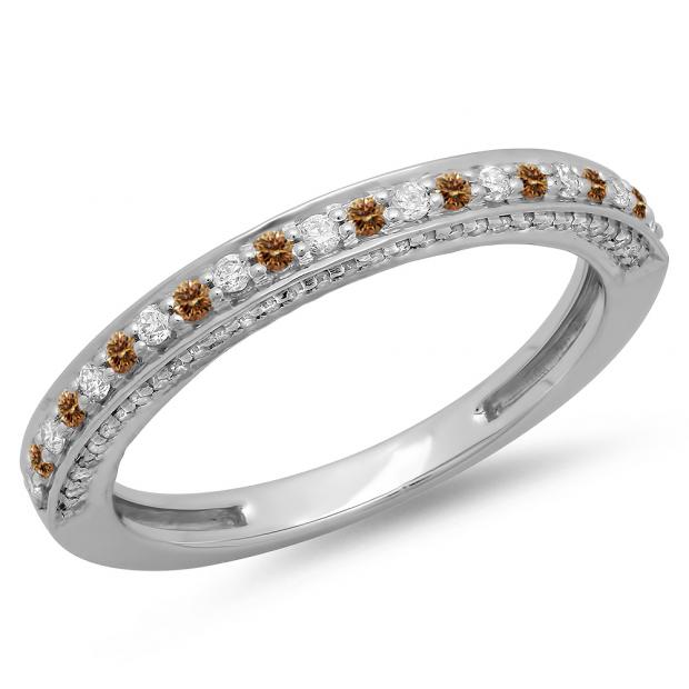 0.40 Carat (ctw) 10K White Gold Round Cut Champagne & White Diamond Ladies Anniversary Wedding Band Stackable Ring