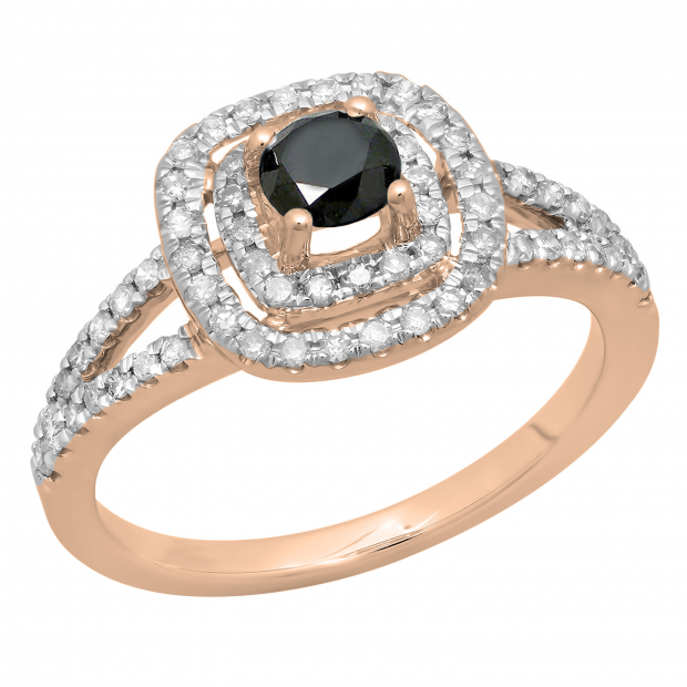 0.80 Carat (ctw) 14K Rose Gold Round Black & White Diamond Ladies Split Shank Engagement Halo Bridal Ring 3/4 CT