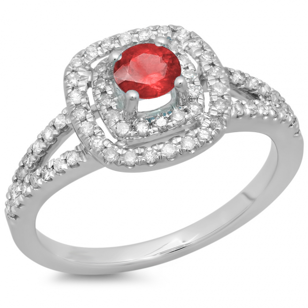 0.80 Carat (ctw) 10K White Gold Round Ruby & White Diamond Ladies Split Shank Engagement Halo Bridal Ring 3/4 CT
