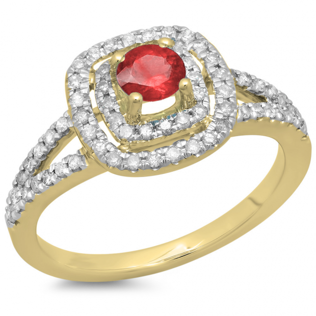 0.80 Carat (ctw) 10K Yellow Gold Round Ruby & White Diamond Ladies Split Shank Engagement Halo Bridal Ring 3/4 CT