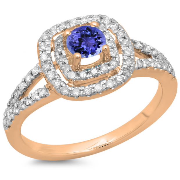 0.80 Carat (ctw) 18K Rose Gold Round Tanzanite & White Diamond Ladies Split Shank Engagement Halo Bridal Ring 3/4 CT