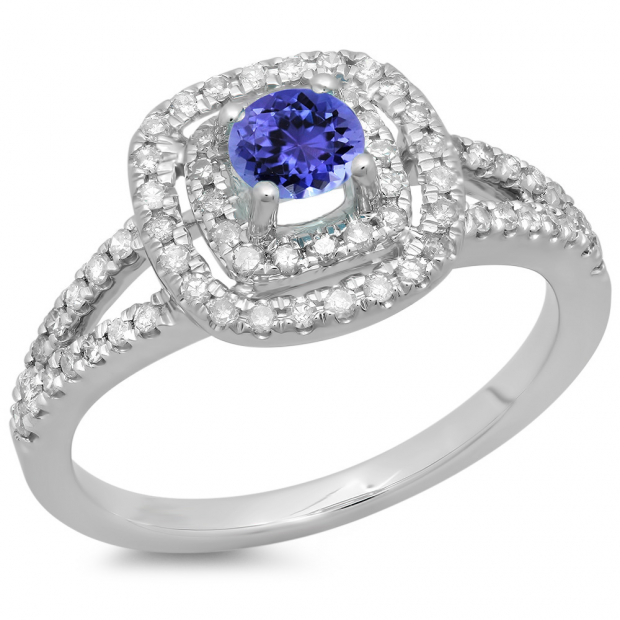 0.80 Carat (ctw) 18K White Gold Round Tanzanite & White Diamond Ladies Split Shank Engagement Halo Bridal Ring 3/4 CT