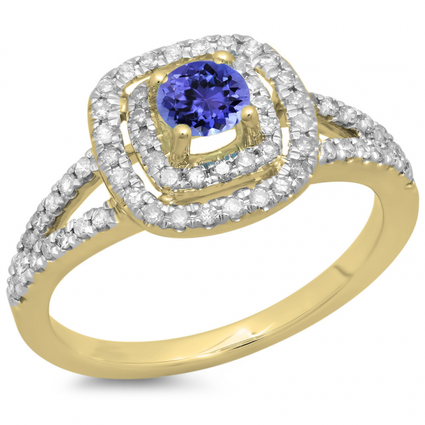 0.80 Carat (ctw) 18K Yellow Gold Round Tanzanite & White Diamond Ladies Split Shank Engagement Halo Bridal Ring 3/4 CT