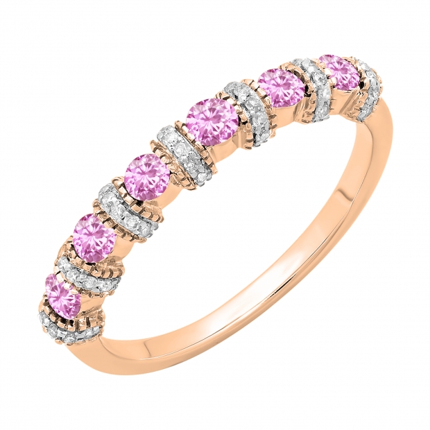 0.55 Carat (ctw) 14K Rose Gold Round Pink Sapphire And White Diamond Ladies Bridal Stackable Wedding Band Anniversary Ring 1/2 CT