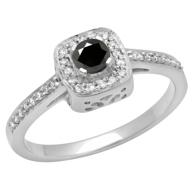 0.33 Carat (ctw) 14K White Gold Round Black & White Diamond Ladies Halo Style Bridal Engagement Ring 1/3 CT