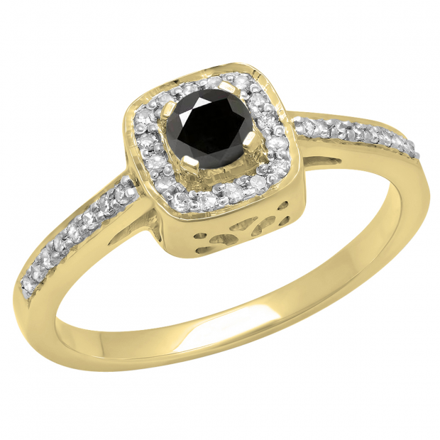 0.33 Carat (ctw) 14K Yellow Gold Round Black & White Diamond Ladies Halo Style Bridal Engagement Ring 1/3 CT