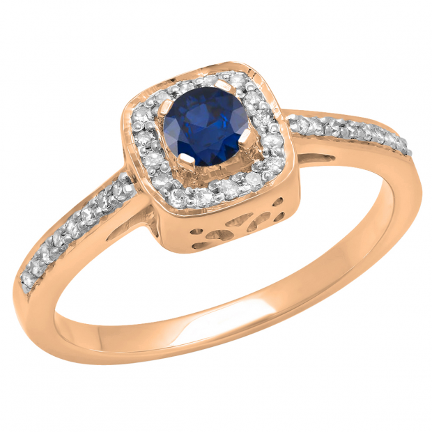 0.33 Carat (ctw) 10K Rose Gold Round Blue Sapphire & White Diamond Ladies Halo Style Bridal Engagement Ring 1/3 CT