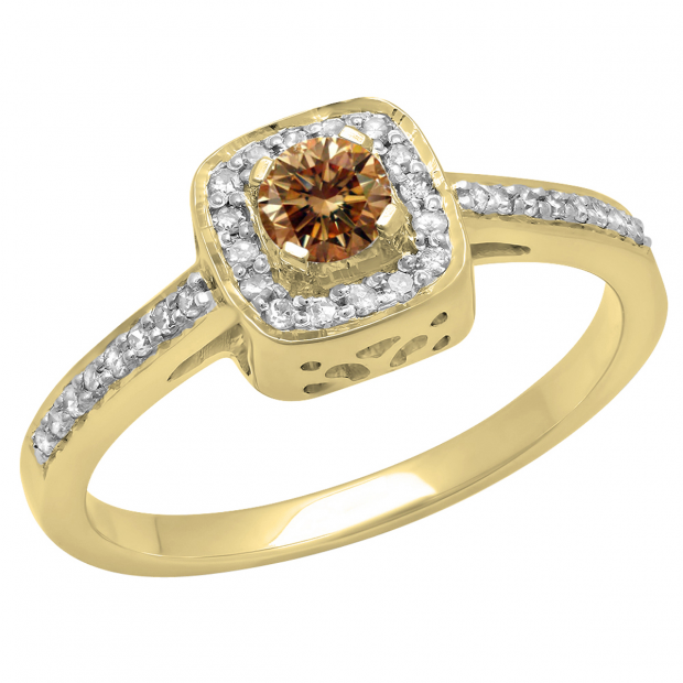 0.33 Carat (ctw) 10K Yellow Gold Round Champagne & White Diamond Ladies Halo Style Bridal Engagement Ring 1/3 CT