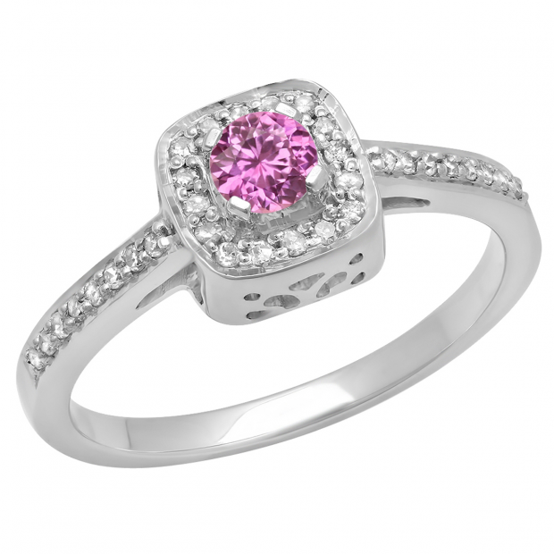 0.33 Carat (ctw) 14K White Gold Round Pink Sapphire & White Diamond Ladies Halo Style Bridal Engagement Ring 1/3 CT