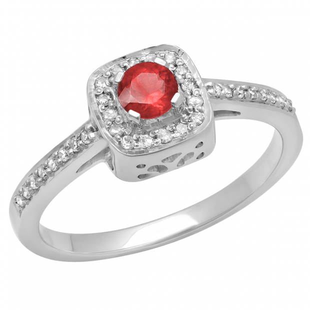 0.33 Carat (ctw) 14K White Gold Round Ruby & White Diamond Ladies Halo Style Bridal Engagement Ring 1/3 CT