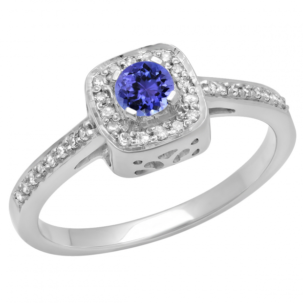 0.33 Carat (ctw) 10K White Gold Round Tanzanite & White Diamond Ladies Halo Style Bridal Engagement Ring 1/3 CT