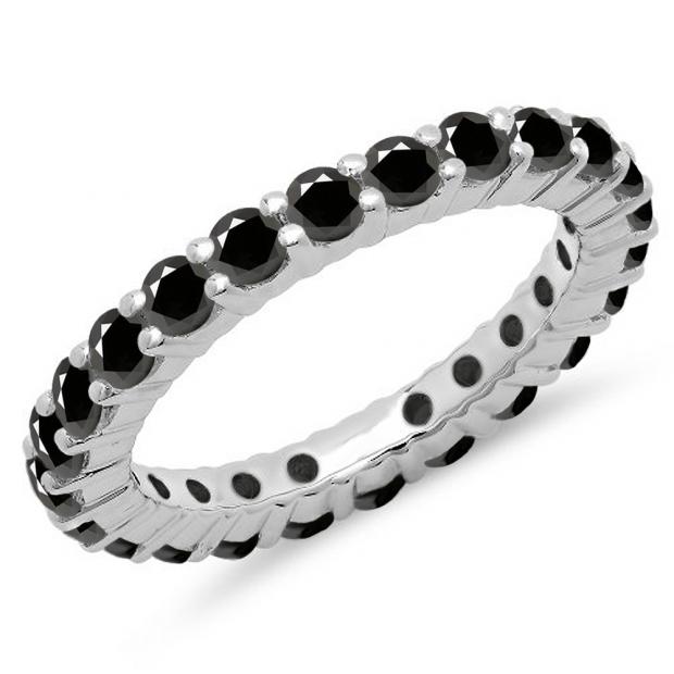 1.00 Carat (ctw) 10K White Gold Round Black Diamond Ladies Eternity Wedding Anniversary Stackable Ring Band